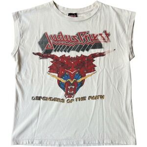 Judas Priest 1984 Tour Shirt Defenders of the Faith Muscle Tee White Auhentic